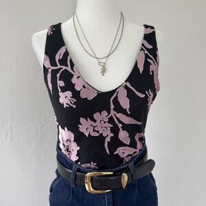 Vintage black and lilac floral v-neck tank top